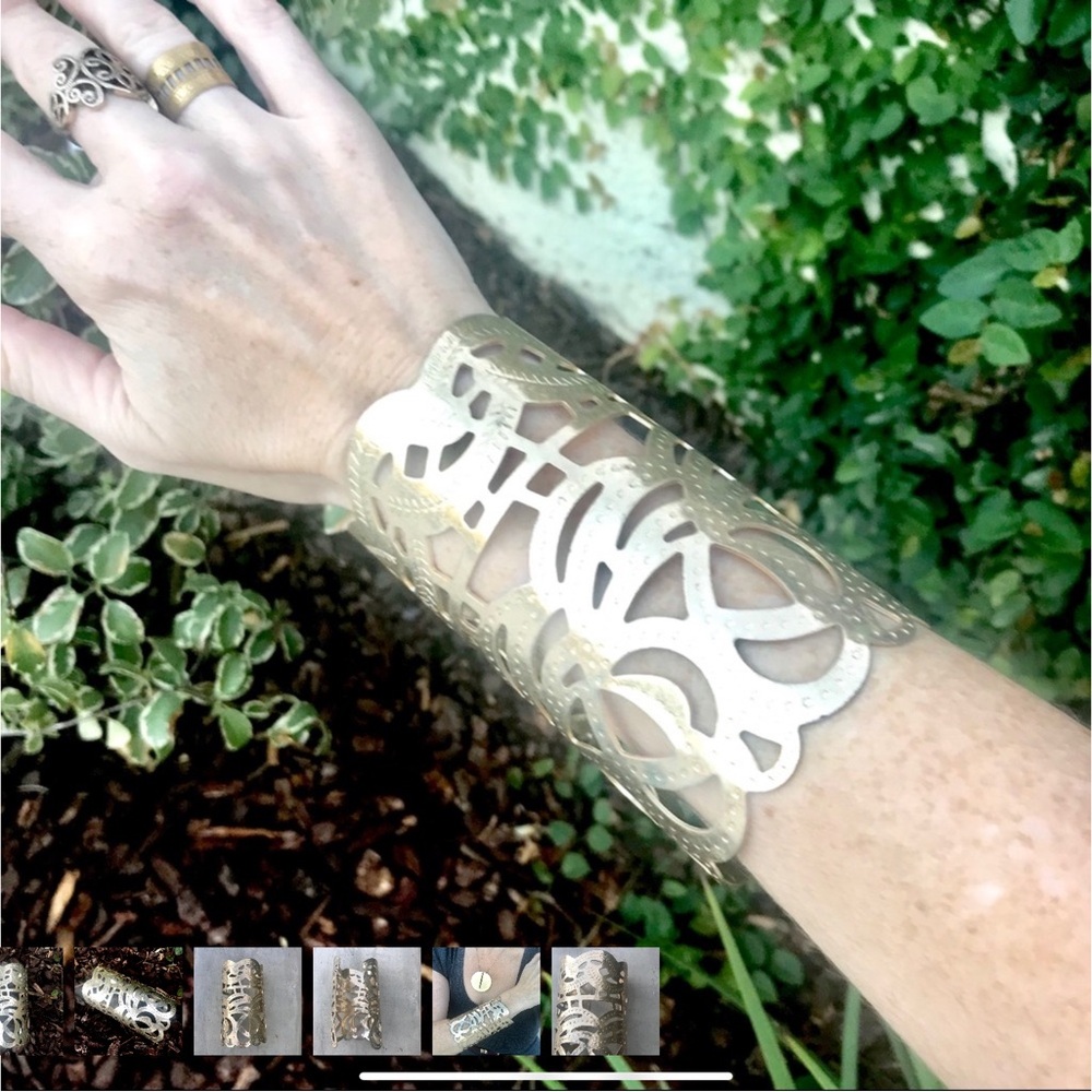 Intricate “Wonder Woman” Gold Cutout extra long Cuff Bracelet